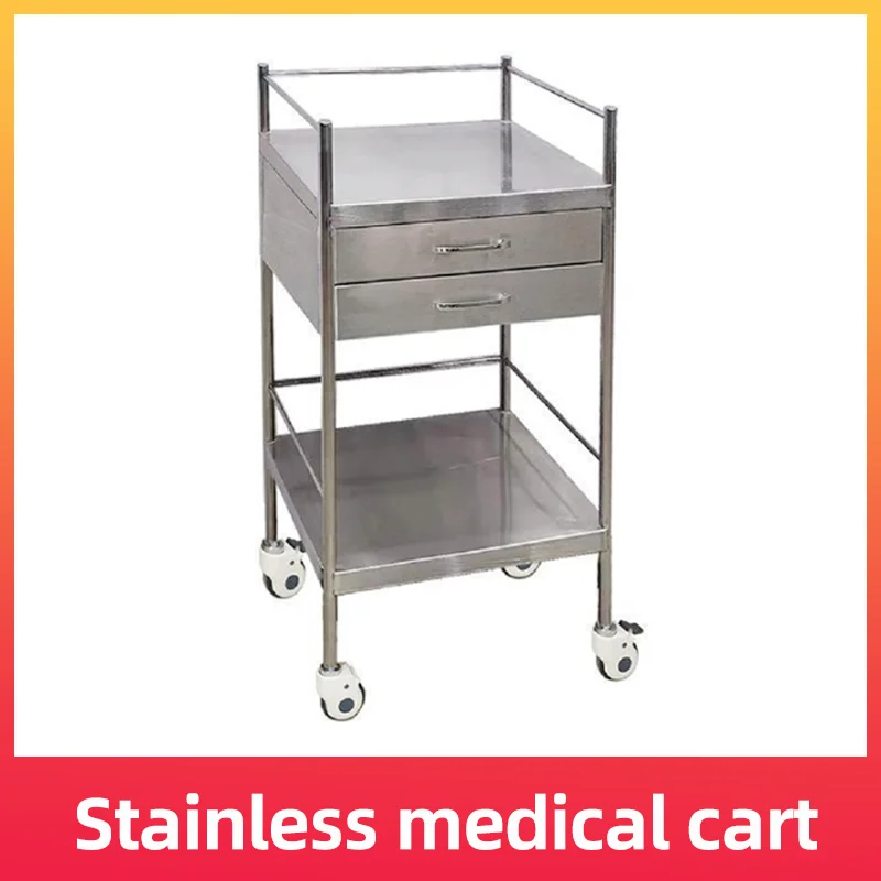 Hospital Stainless Steel with Two Drawer Medical Instrument Trolley,  Nursing Stainless Steel Trolley