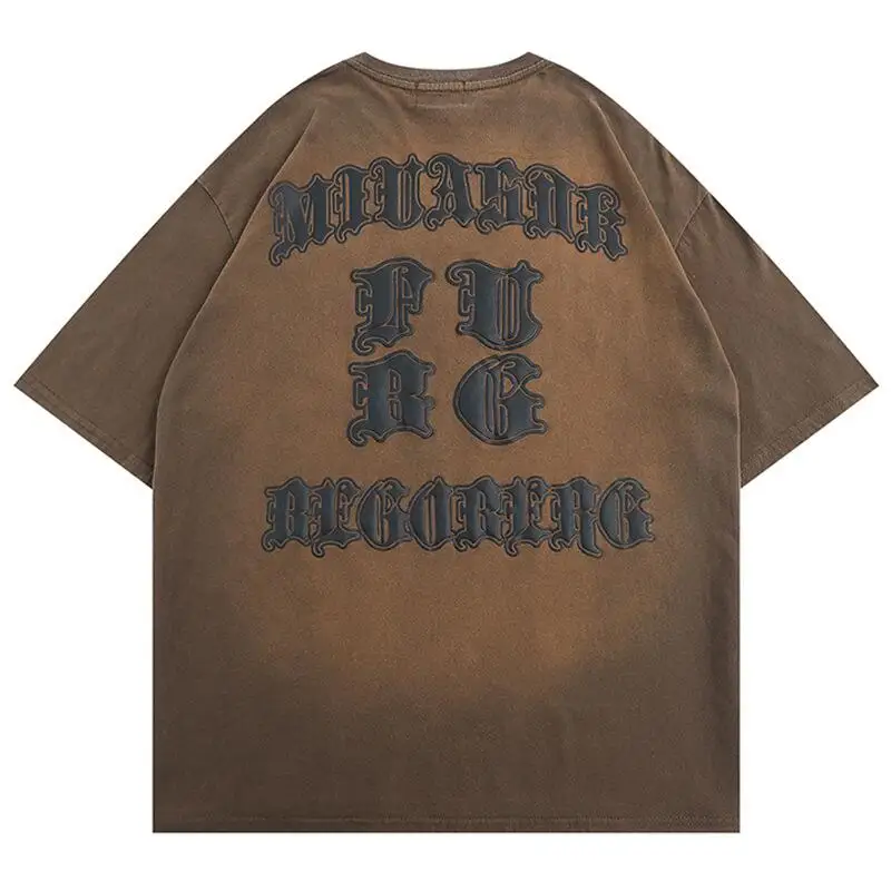 Custom Vintage Acid Wash T Shirt Oversized Drop Shoulder Designer Heavyweight Knitted O-Neck Logo Puff Printing Technique Fitted