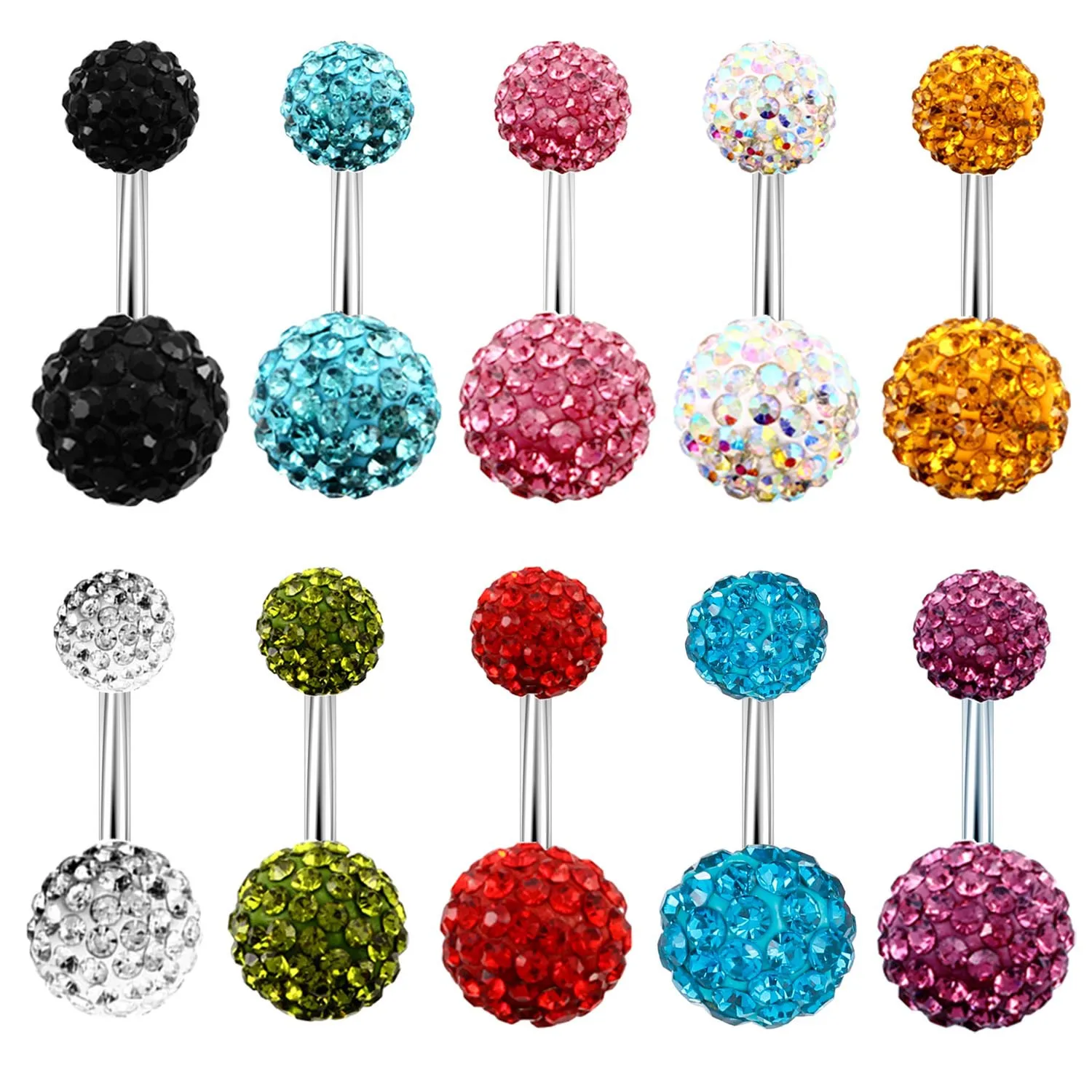 Trendy Sparkly Colorful Full Crystals 14G Body Piercing Jewelry For Girl Stainless Steel Curve Shamballa Disco Balls Belly Rings