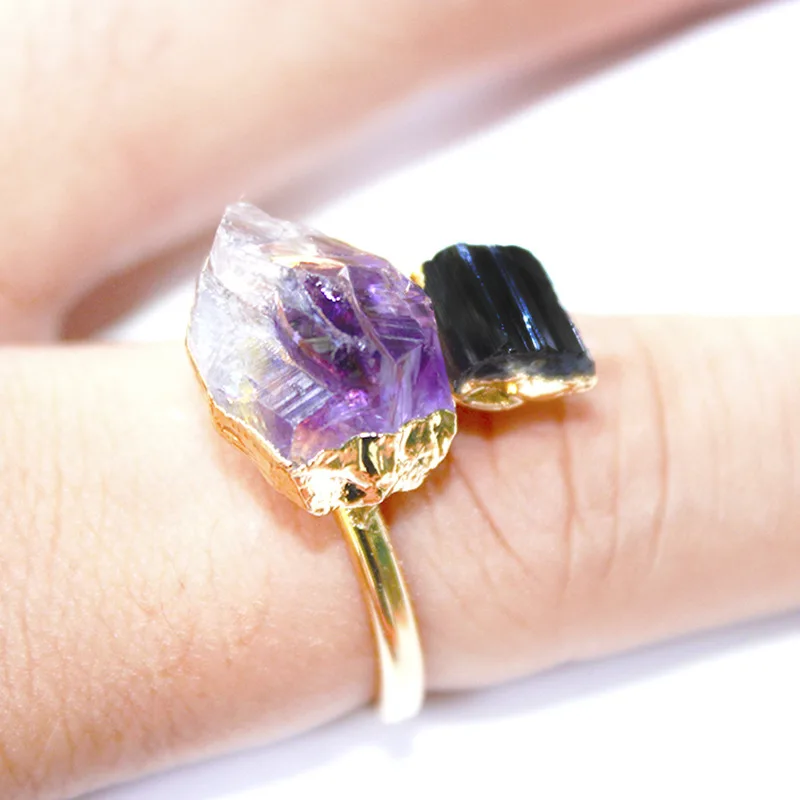 Wholesale Natural Stone Gold-plated Ring Irregular Tourmaline Crystal Ring Amethyst Jewelry