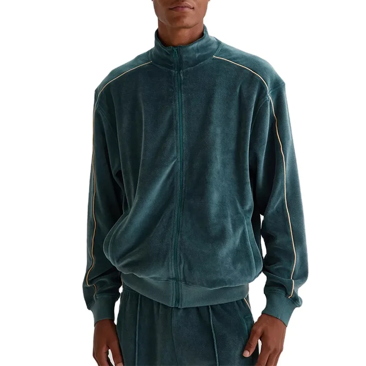 Green Zip-Through Velour Track Outerwear Cotton Bulk Factory Custom Outdoor Casual Sports Jacket