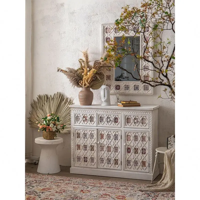 Distressed finish home furniture French antique solid wood cabinet with doors vintage retro solid wood living room cabinet