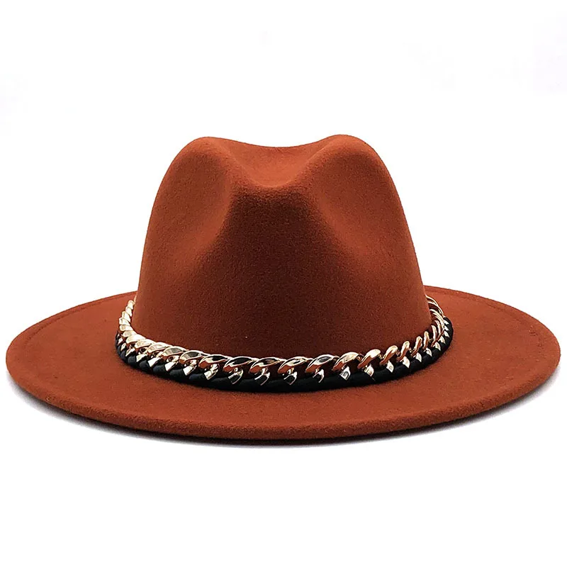
2021 Wholesale Fashion Designer Beach Church Party Hats Women Men Wide Brim Felt Panama Fedora Hats with Metal Chain Belt Buckle 