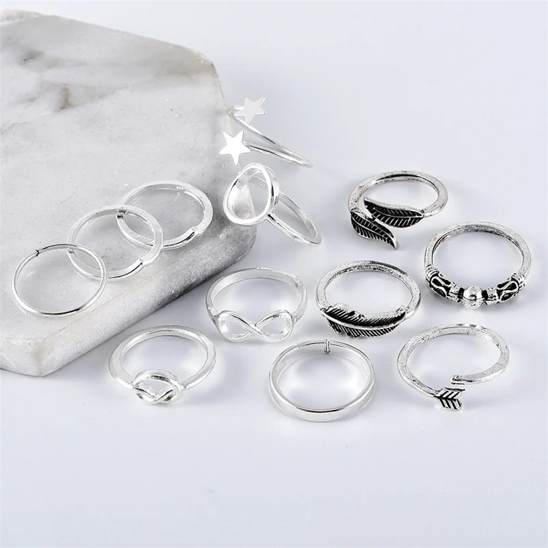 12 Pieces/set Fashion Color Silver Exquisite Ring for Women Leaf Geometric Opening Ring Set Gift Jewelry Accessories