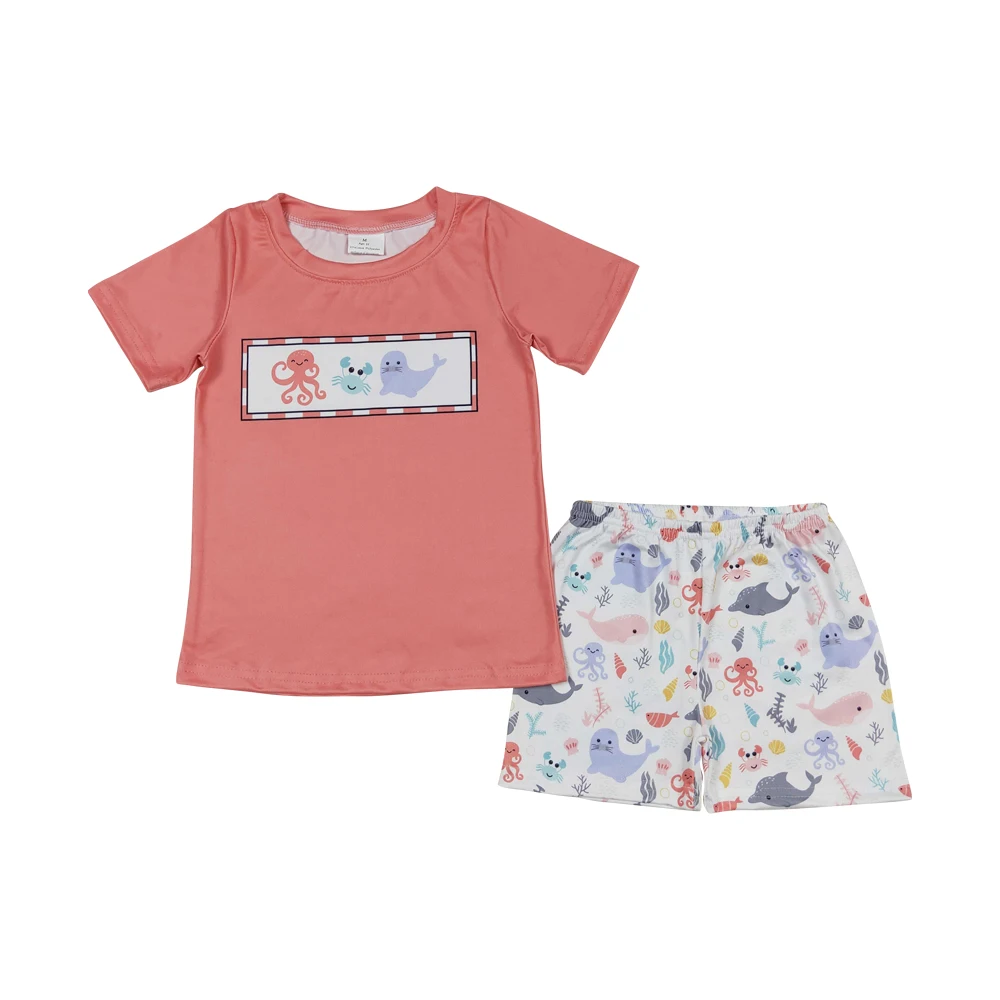 Boys clothes peach short sleeves octopus crab print top short wholesale boys clothes boutique suit low price ready to ship nomoq