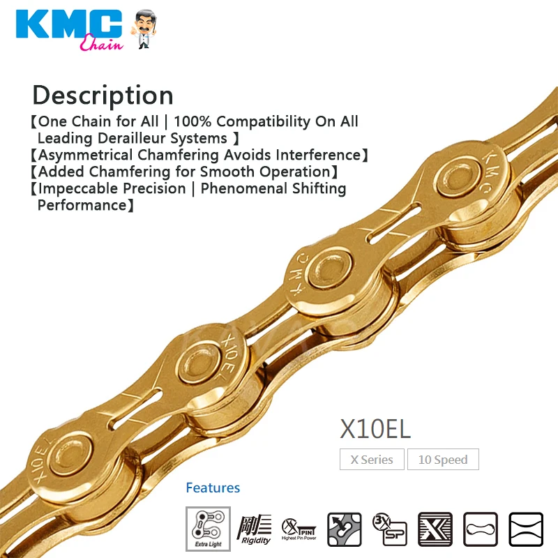KMC high quality aluminum alloy silver gold wholesale series 10 Speed bicycle chain MTB Road KMC X10 X10SL X10EL 116L Bike Chain