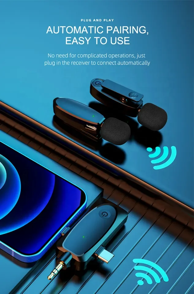 Factory price 3 in 1 low latency noise cancelling black mini mic wireless lavalier microphone professional for android camera