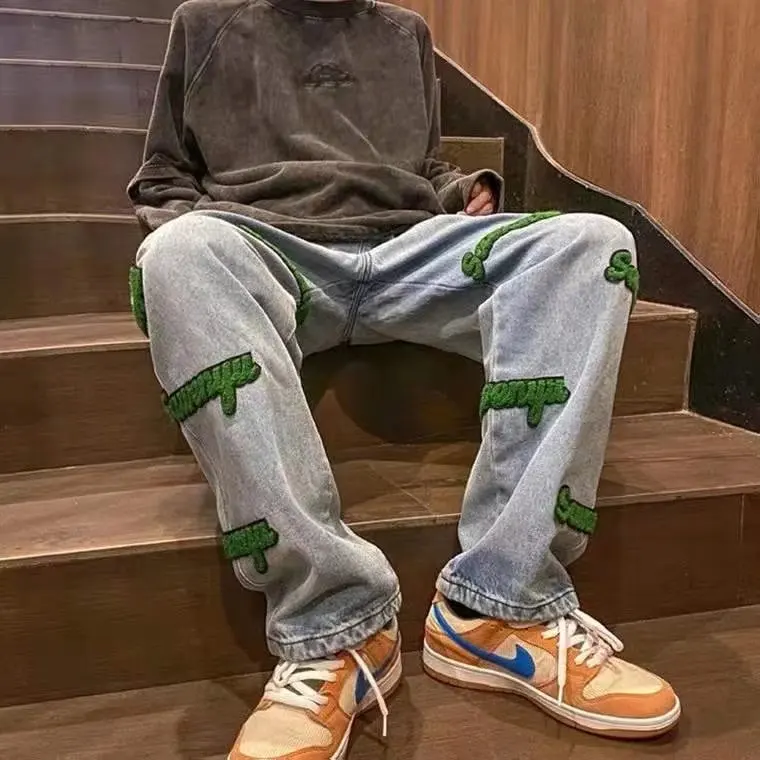 Mens Oversized Jeans Hiphop Embroiled Baggy Denim jeans For Mens Sustainable Loose Jeans