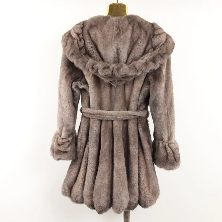 Women Big Hood Winter Real Mink Fur Coat Warm Soft Vintage Clothes Plus Size Scallop Hem Jacket Genuine Natural Fur Mink Coats
