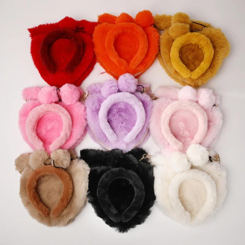 fur headband and purse set vendor fashion purse bags 2020 designer Lady Heart Shaped faux fur handbags women fur purse