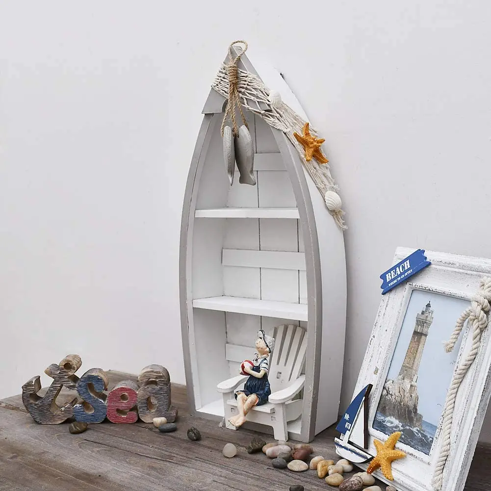 
Small Sail Coastal Ornaments White Beach Nautical Theme Decor Wooden Boat Shelf For Home Bathroom Or Bedroom 
