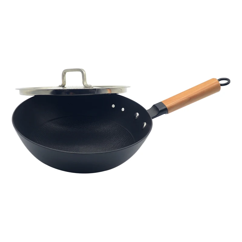 Eco-Friendly Honeycomb Non-stick Cast Iron Woks with Wooden Handle S/S Lid Cover Deep Frying Pan Wok