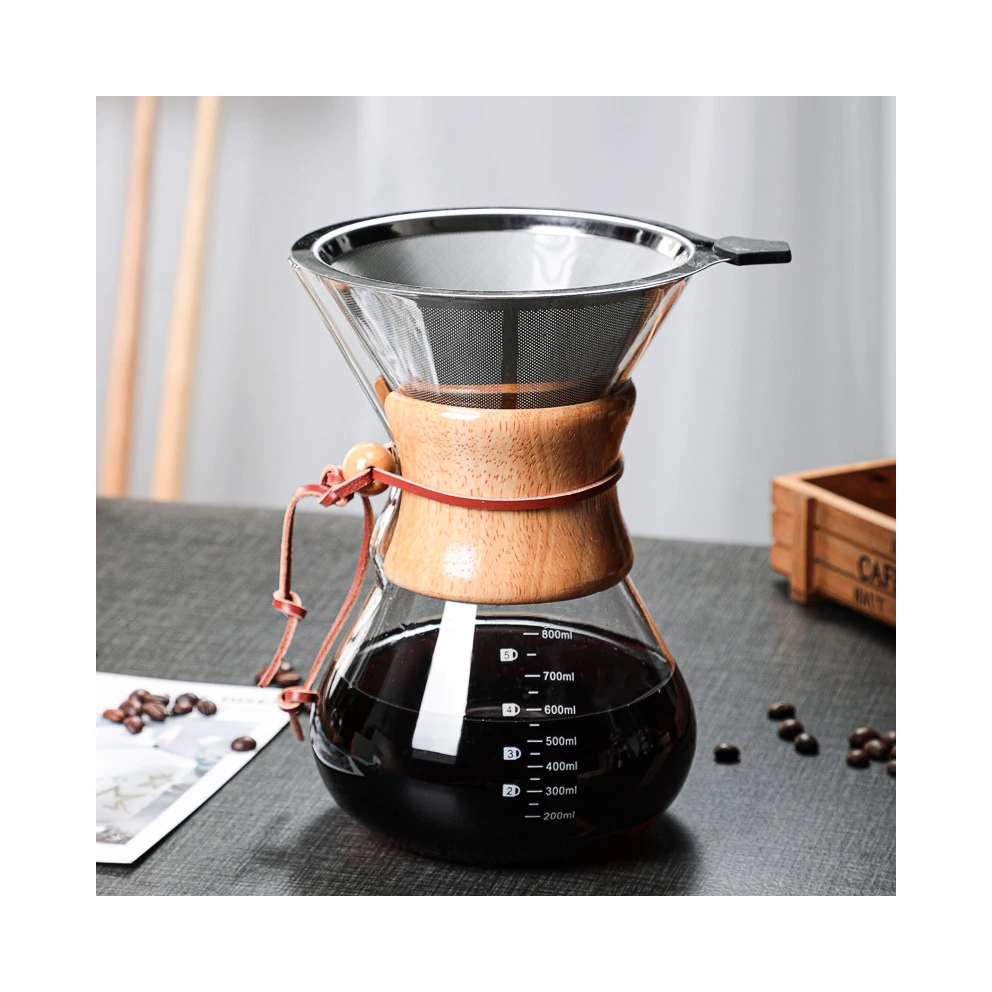 Wooden handle cold brew coffee maker sharing pot drip coffee maker simple flower teapot heat-resistant glass coffee pot
