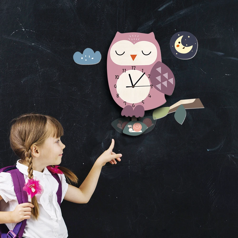 Funlife UWC016 Pink Owl Cartoon Cute Minimalist Wall Art Decoration Kids Room Wall Clock