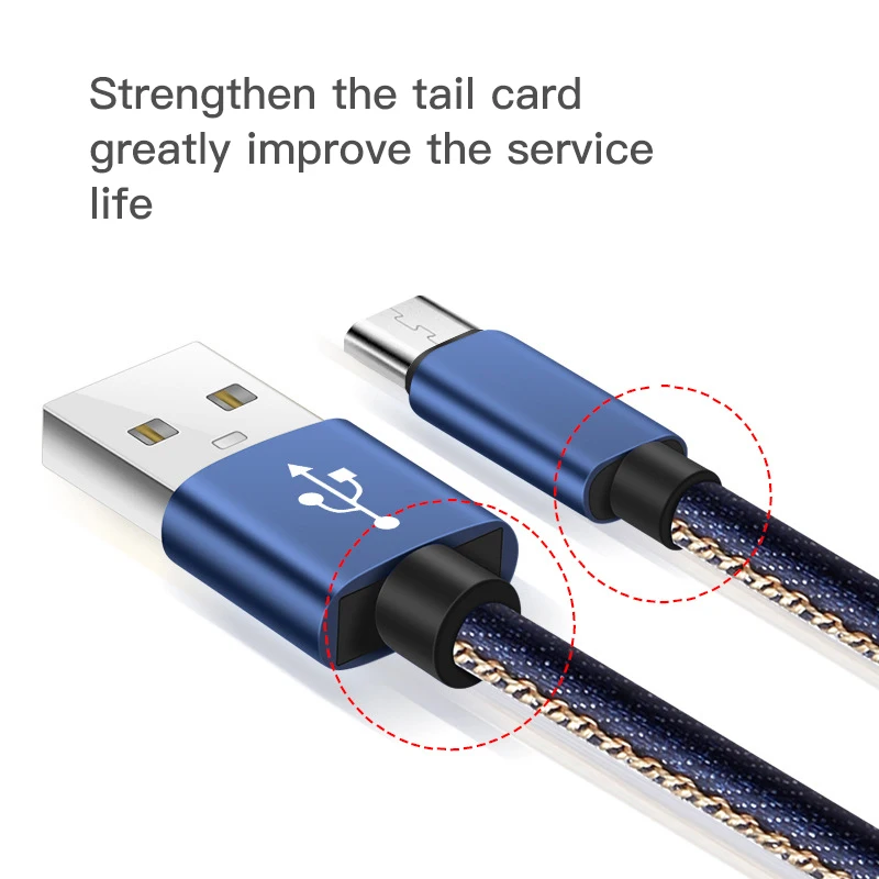 Free sample For Mobile IOS Type C Android  1M Durable Denim colth Braided Micro USB Cable Sync Data Cable Phone