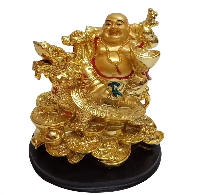 Indian Handicrafts Lucky Feng Shui Golden Laughing Buddha on Dragon Coins Money Statue Figurine for Wealth and Good Luck