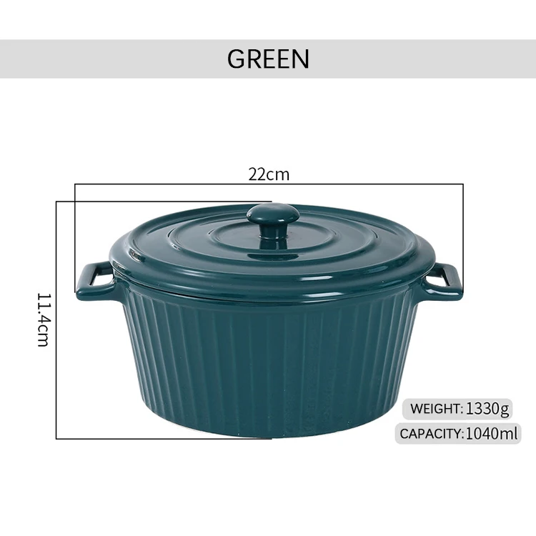 Hot sale  color striped texture glazed ceramic casserole with two handle with lid