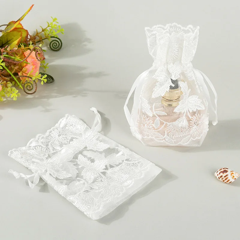 10x14cm Custom High Quality Organza Lace Bags White Foldable Jewelry Organizer Packaging Drawstring Gift Storage Bag Pouches