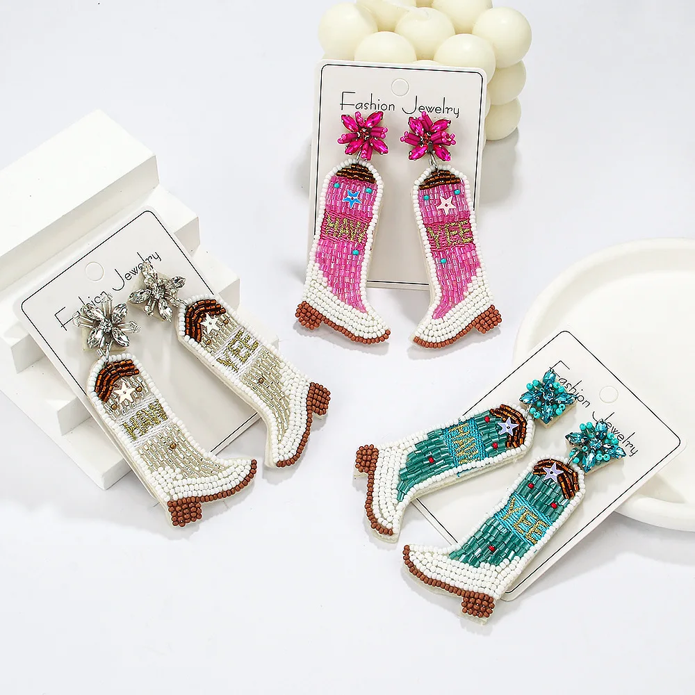 Cross border Western Cowboy Style Boots, Rice Ball Earrings, Personalized and Exaggerated, Handmade Beaded Fashion Earrings
