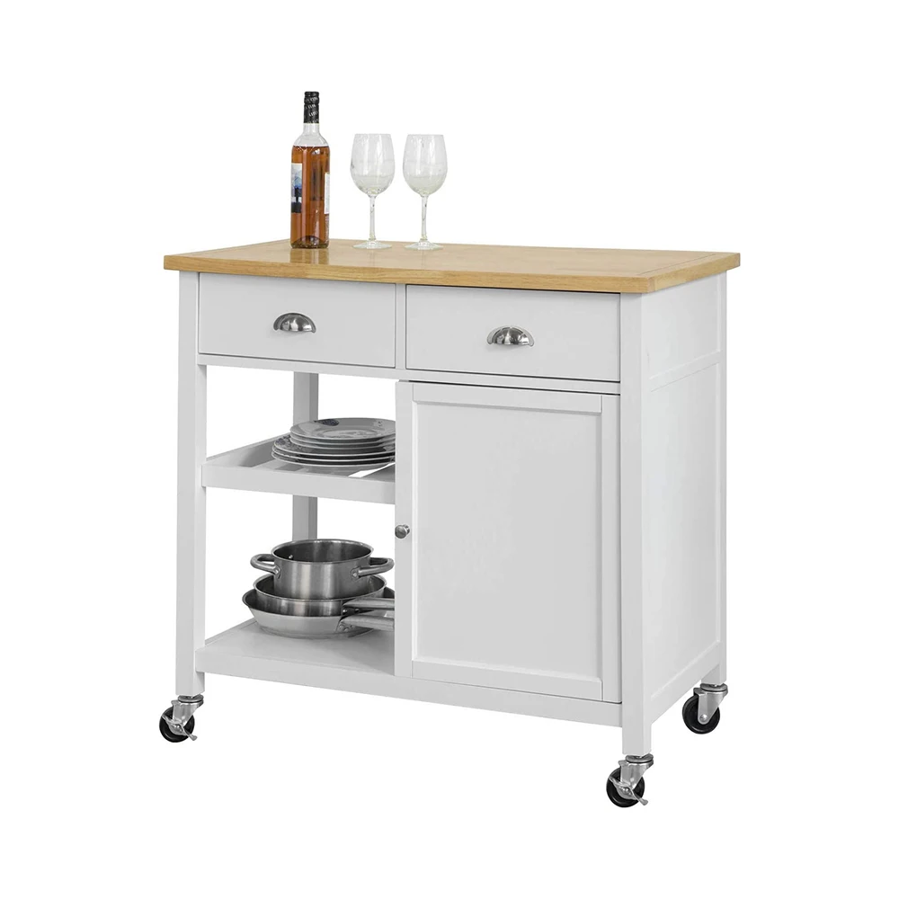 White 2 shelf 2 drawer 1 door kitchen island cabinet cart with wheel