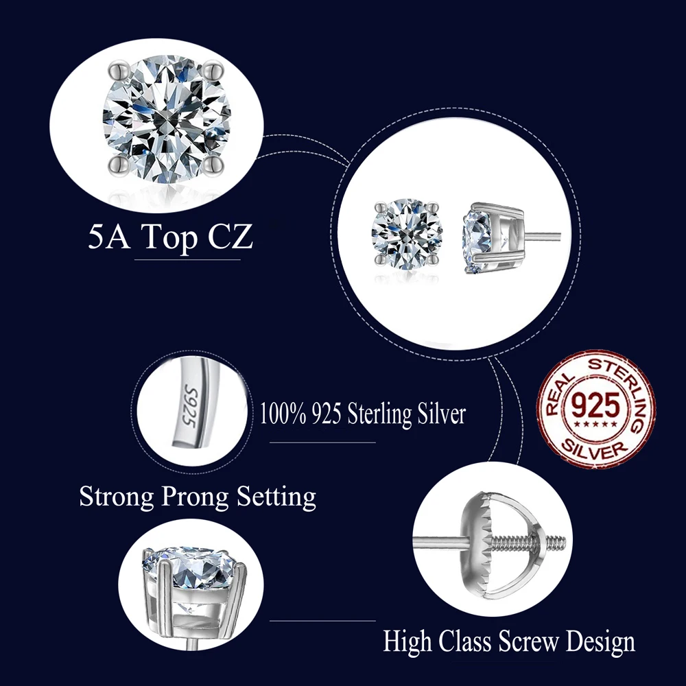 Girl Fashion Jewelry 6mm Single Top Zirconia Stone Earring S925 Sterling Silver Screw Back Design Stud Earrings for Women