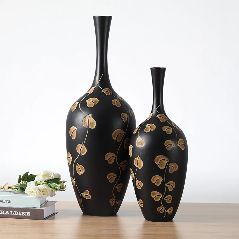 Best Selling luxury Tall Long Neck Leaf Pattern Floor  Black Resin Vase