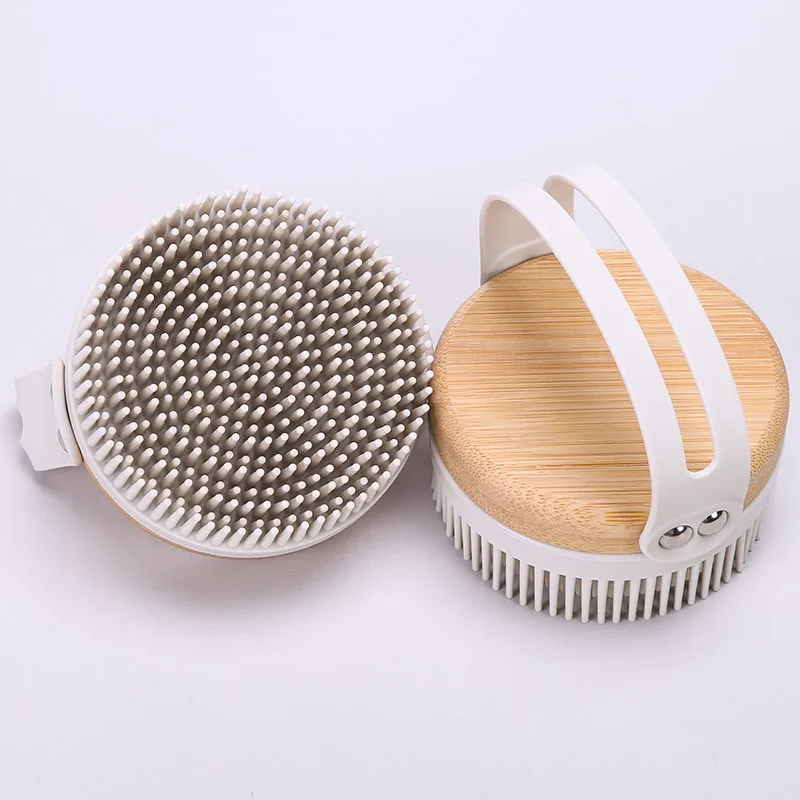 Pore Cleansing Massage Exfoliating Brush Long Leather With Loop Wooden Handle Body Brush Manual Silicone Body Scrubber