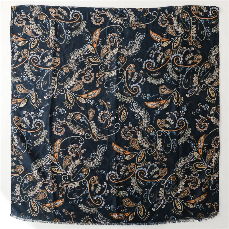 Ethnic Style New Black Hook Flower Print Cotton Feeling Scarves Ladies Fancy Cashew Pattern Cotton Scarf Shawl Hijab With Tassel