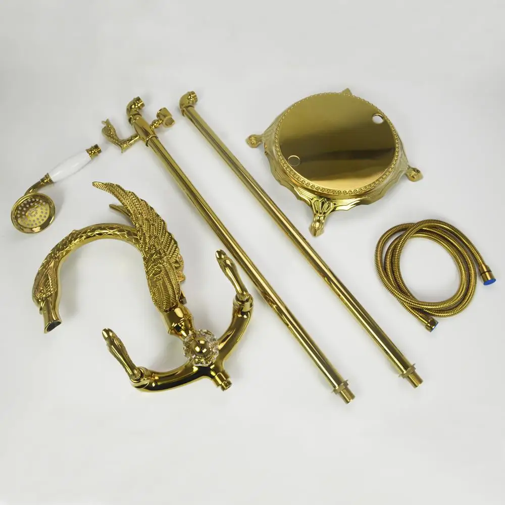 Single-Handle Modern Golden Swan Freestanding Bath Shower Faucet Brass Ceramic Mixer Taps with Rain Spray Pattern for Hotels