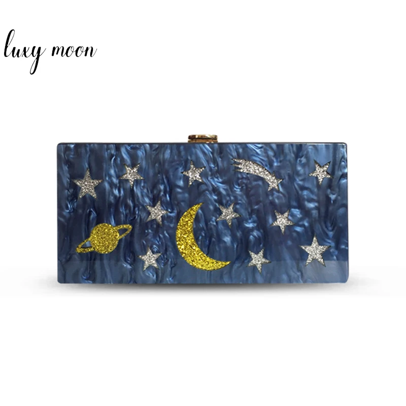 High Quality Unique Blue Star Moo Design Acrylic Wedding Bag Party Purse Clutch Evening Bags For Ladies NE707