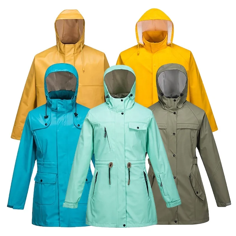 China Rain Wear Yellow Rain Coat Pvc PU Raincoat Mens Rain Jacket Hood