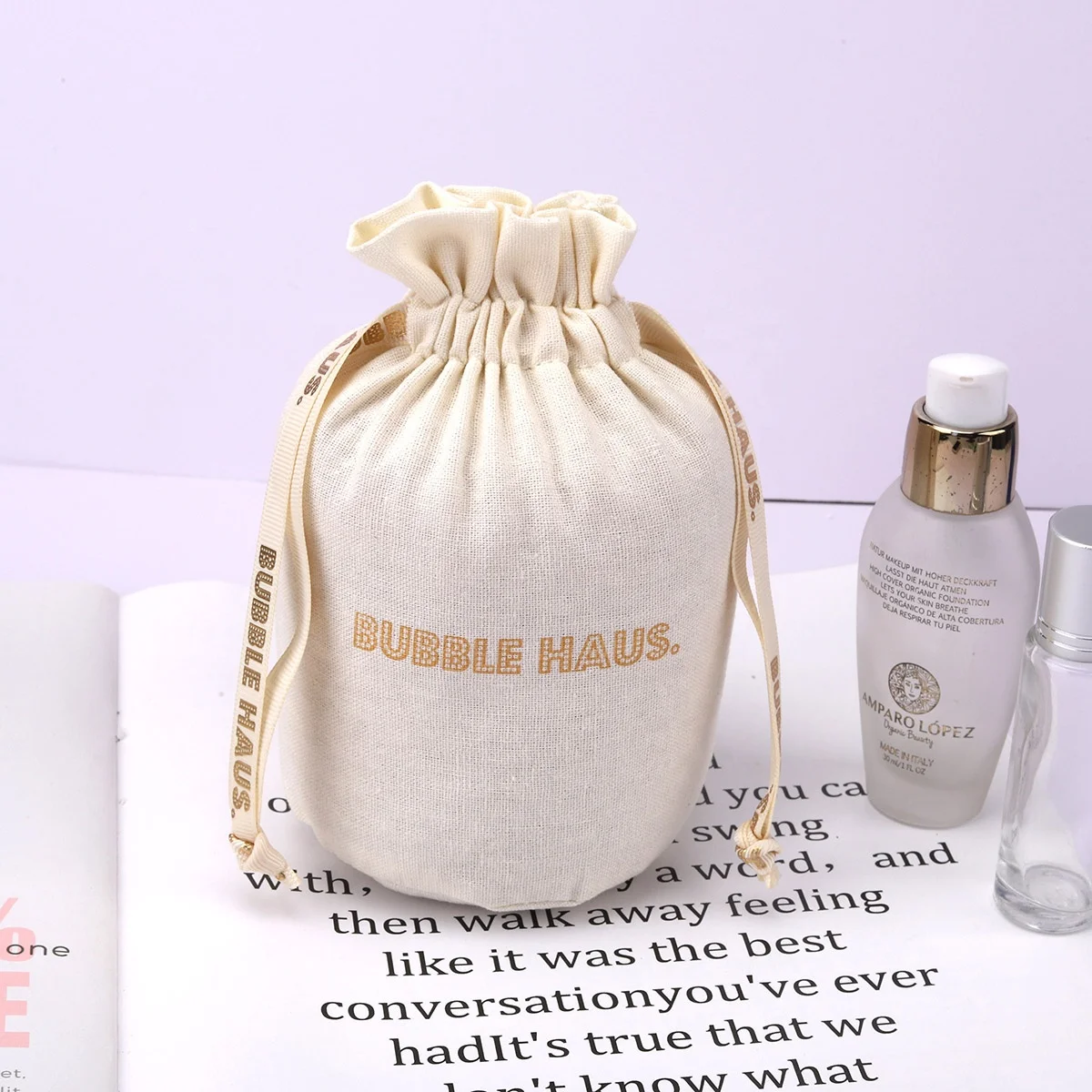 Custom Gold Logo Round Bottom Cotton Linen Candle Packing Gift Bag Drawstring Candle Pouch With Ribbon