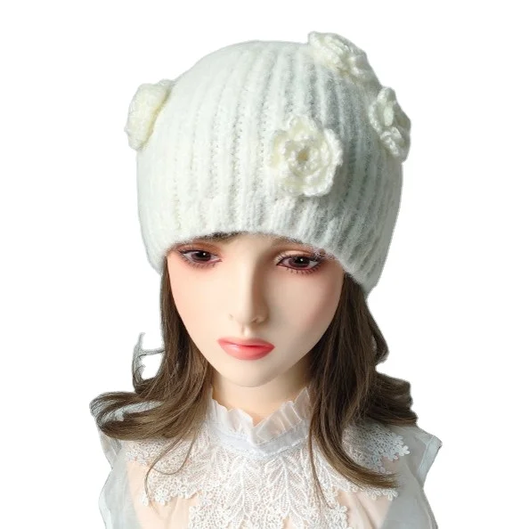 fashion white Knit Beanie Hat for Women Winter Soft Warm Ladies acrylic Knitted Skull hats cuffed Beanies Cap with 3d flowers