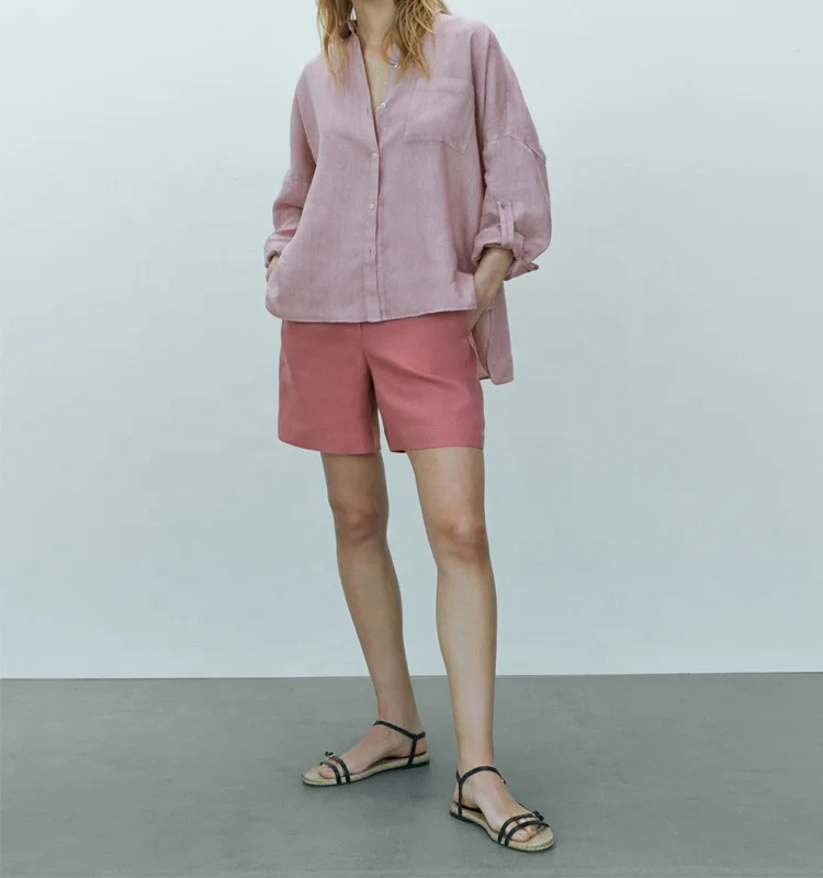 Sustainable Autumn Solid Long Shirt Women Cardigan Casual Lapel Long Sleeve Tops Vintage Cotton Linen Blouse