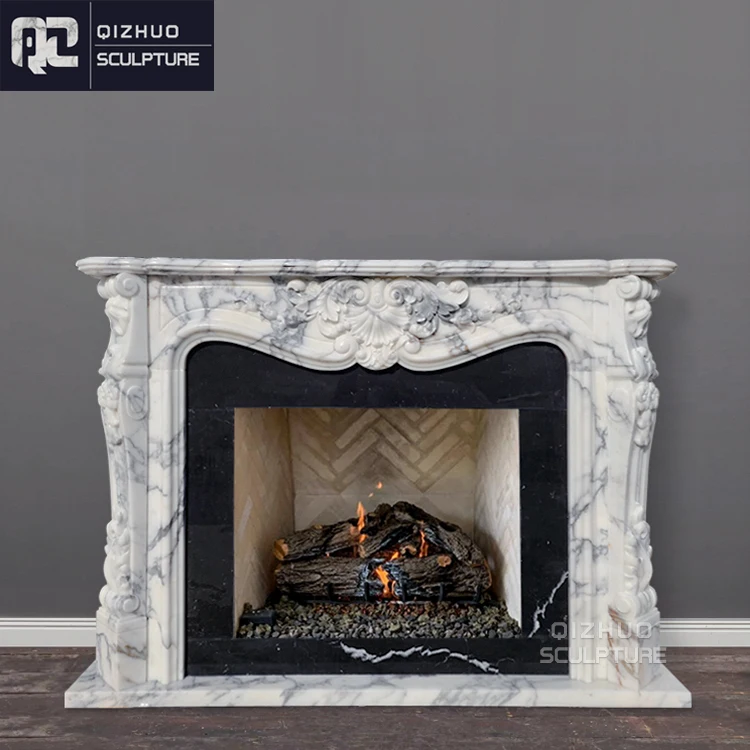 Antique Italian Arabescato Hand Carved Interior Decor Natural Stone White Marble Fireplace Surround