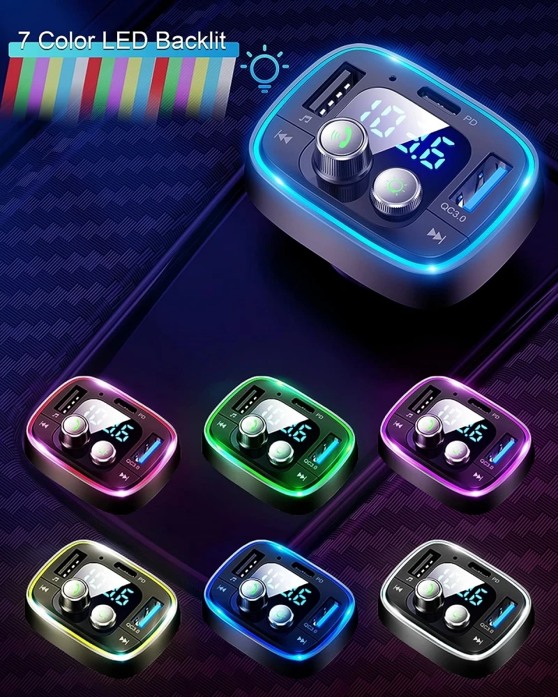 QC 3.0 Car BT 5.0 FM Transmitter PD Type C Dual USB 36W Fast charging Colorful led Light quick charger wireless MP3 Player