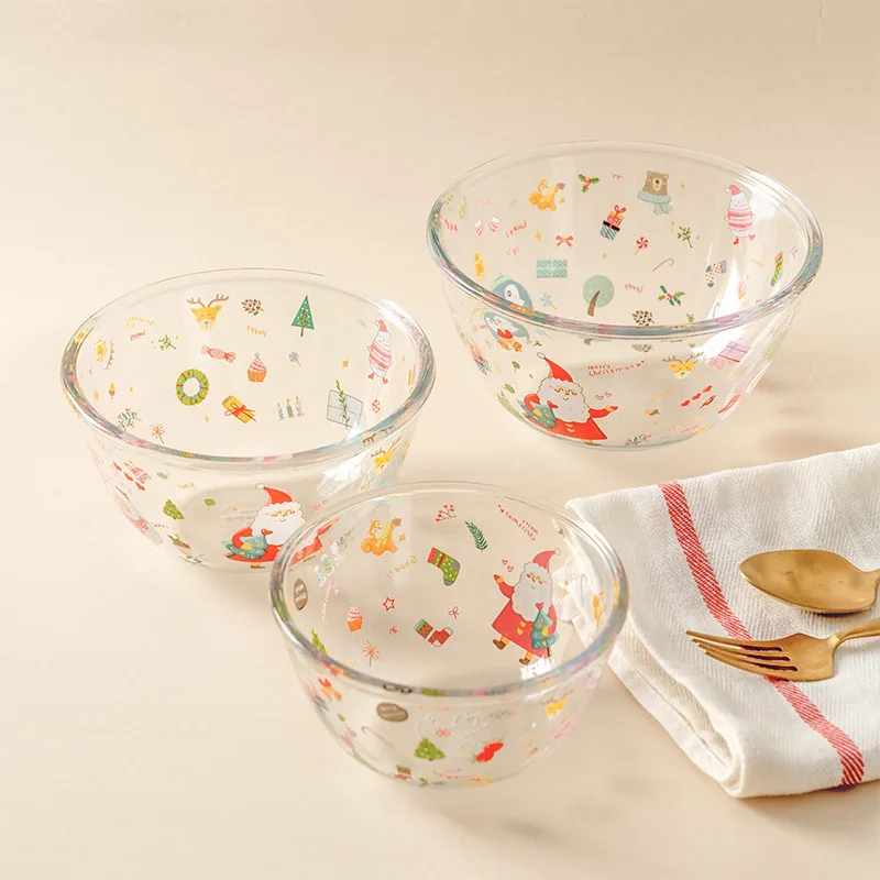 Christmas  Dinnerware Sets Clear Salad Dinner Serving Bowl Kitchen Supplies Custom Painted Design Breakfast Glass Bowl