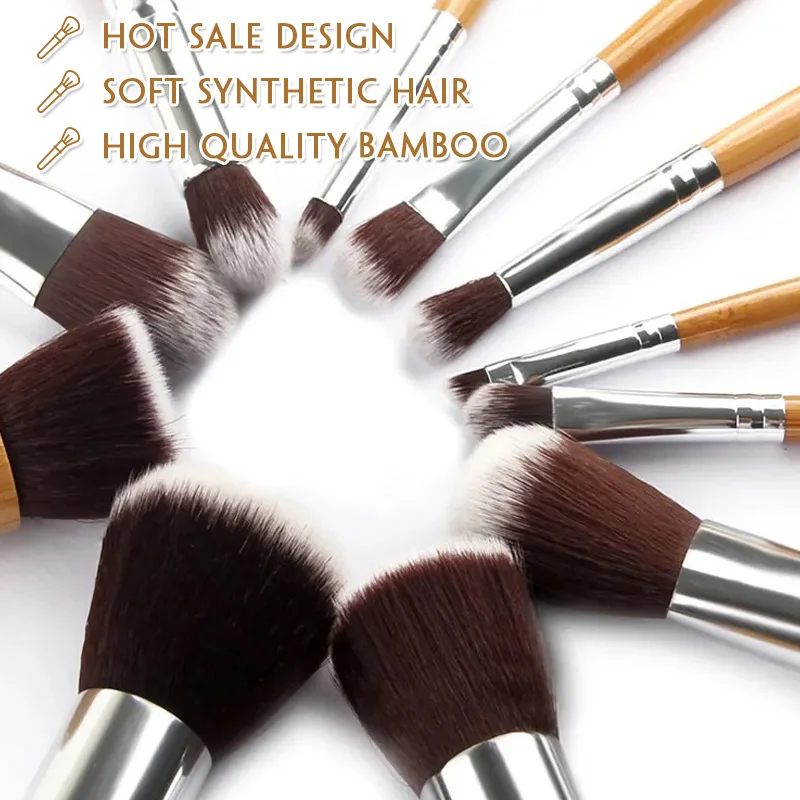 Make up Private Label Natural Bamboo Handle 11pcs Makeup Brush Set Foundation Powder Cosmetic Essentials Beauty Makeup & Tools
