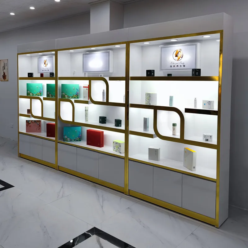 Customized White Cosmetic Store Shelves Fixtures Beauty Skincare Products Shop Wall Shelf Showcase With Led Light