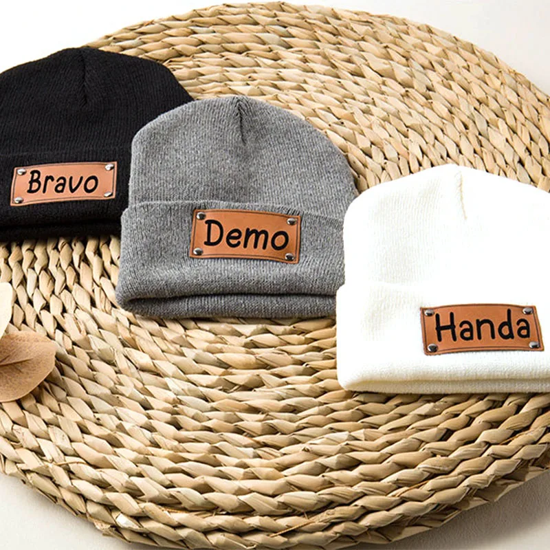 winter hats Custom Personalized company Name Customized Beanies cap with Leather Patch