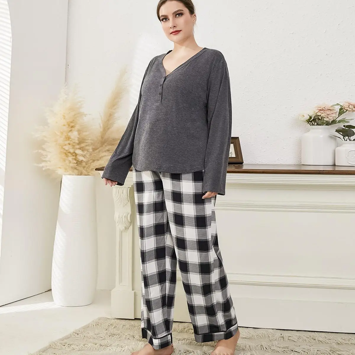 5XL plus size pajamas women can wear plaid long sleeve foreign trade home clothes