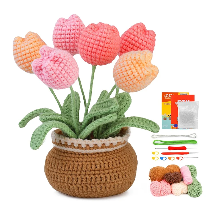 Colorful Tulips DIY Crochet Kit Beginner Crochet Starter Kit for Complete Beginners Adults DIY Flower Crochet Kits for Adult