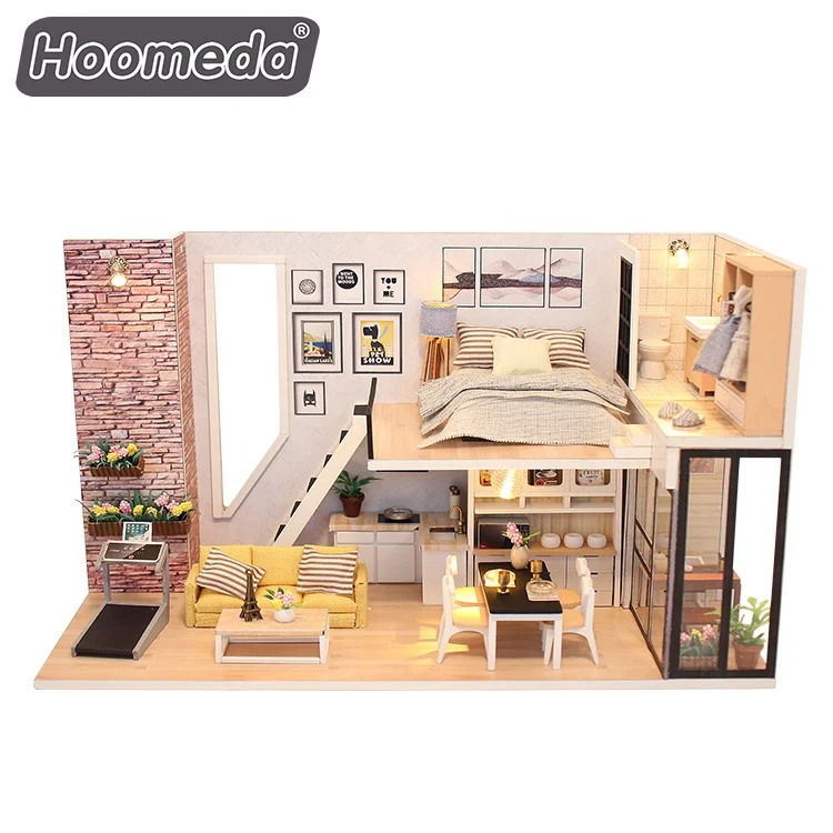 New products loft style diy handwork assembly 2 floors wooden dollhouse 1 24 scale miniature dollhouse