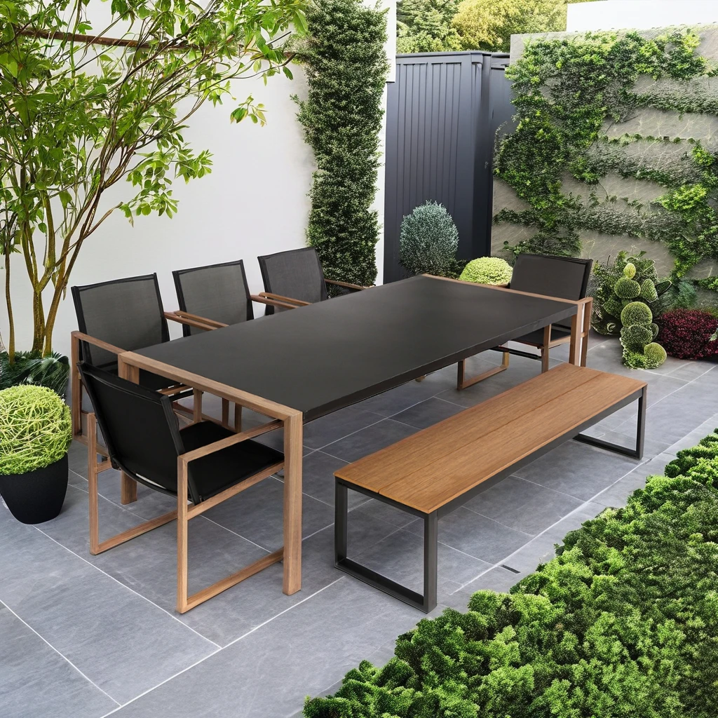 Modern dark grey aluminum outdoor garden furniture heat hot transfer printing armrest leg dining table chair set with long bench