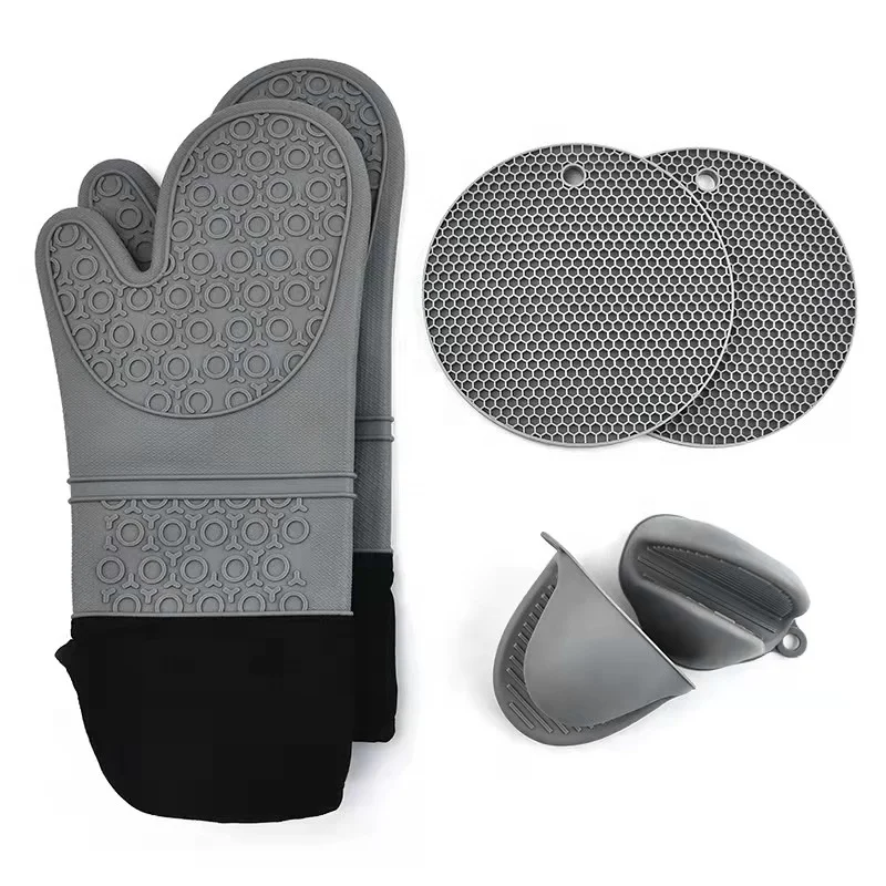 Food Grade Non-slip Textured Grip Heavy Duty Cooking Gloves Kitchen Counter Safe Trivet Mat Silicone Oven Mitts Pot Holders