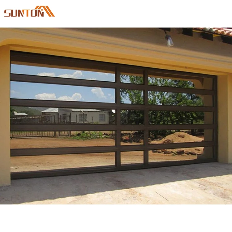 Modern exterior black aluminum alloy frame mirror tempered glass inserts panel insulated double garage door for home villa