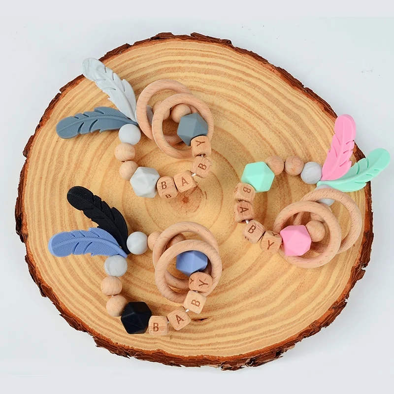 Unisex Wood Teether Soft Silicone Chewing Toy with Feather Massage Provides Gum Relief for Babies