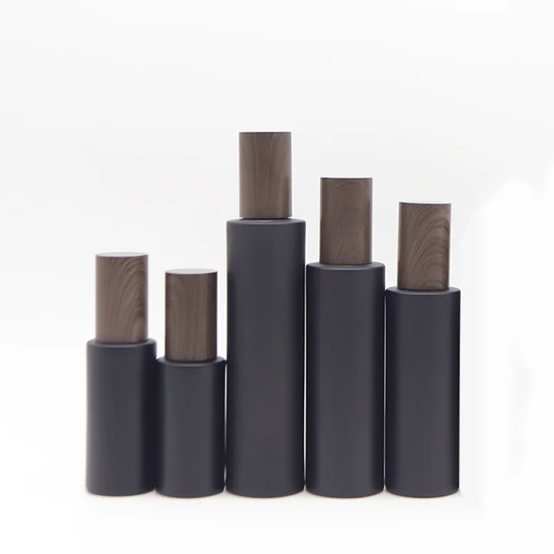 Empty Bottle Glass Frosted Black False Wood Lid Cosmetic Lotion Spray Pump Portable Refillable Container Glass Bottles