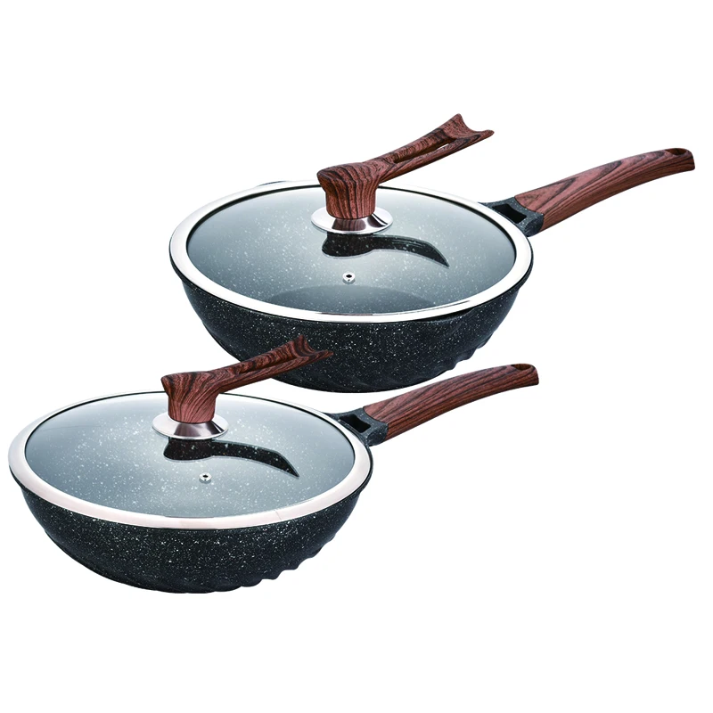 chinese 32cm/30cm die cast non stick pot set used for electric fry wok pan with wooden lid