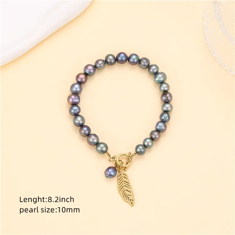 Bead Bracelet Set Stainless Steel Gold Plated Non-fading 18k Punk Jewelry Black Natural Freshwater Pearl Gift